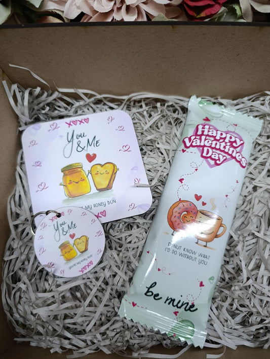 All the love Valentines Day box 3- Personalised Wooden Box, Slab Chocolate ,Coaster ,Keyring