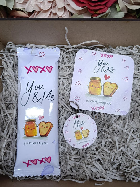 All the love Valentines Day box 4 - Personalised Wooden Box, Slab Chocolate , Coaster, Keyring